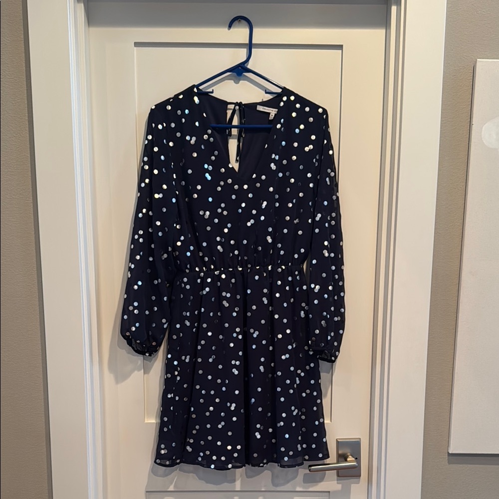 Collective Concepts Navy and Silver Polka Dot Long Sleeve Dress